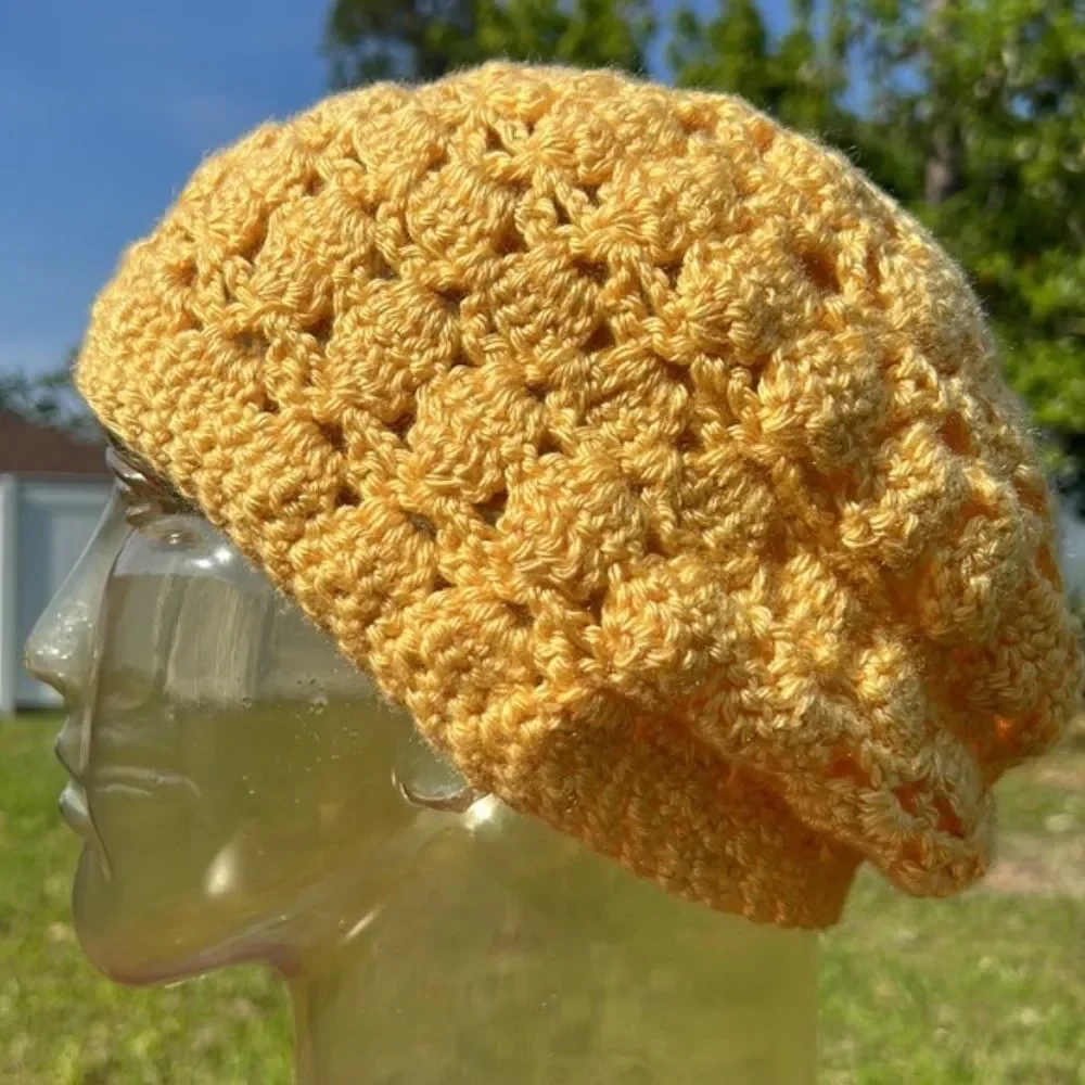 Slouchy Beanie cap hat yellow gold knitted boho cap  handmade